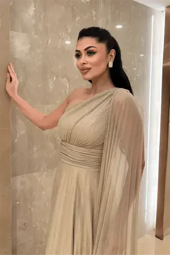 Платье вечернее с плиссированной деталью из тюля с блестками - БЕЖ - 3