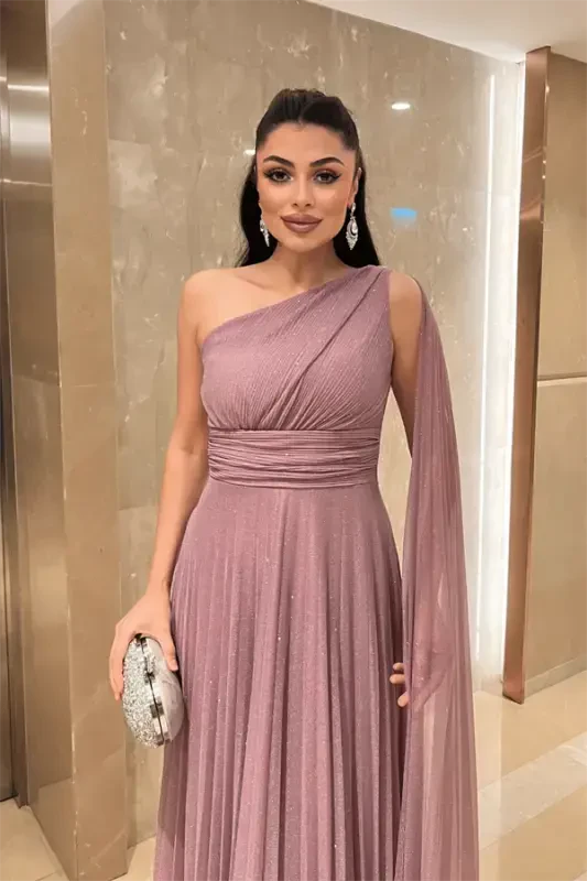 Платье вечернее с плиссировкой и блестящей тюлевой тканью - РОЗОВЫЙ КУСТ - 4