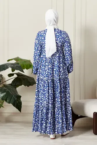 Платье вискозное цыганское с оборками и цветочным принтом, мусульманское платье, платье для мамы, платье для намаза - цветочный принт, синее - 7