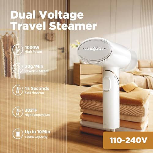 Plavogue Dual Voltage Travel Steamer for Clothes, 2 in 1 Portable Foldable Handheld Garment Steamer, 20s Heat-up, 1200W Powerful Steam for Home, Europe Travel - 2