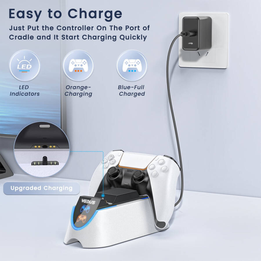 Playstation 5 Controller Charging Station, Dual Controller Charger for PS 5 Controller, Fast PS5 Charging Stand with Type-C Charging Cable - 5