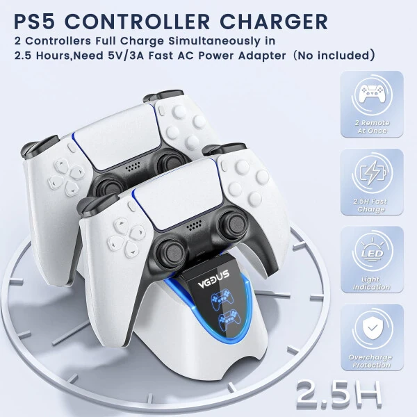 Playstation 5 Controller Charging Station, Dual Controller Charger for PS 5 Controller, Fast PS5 Charging Stand with Type-C Charging Cable- - Modazone (1)