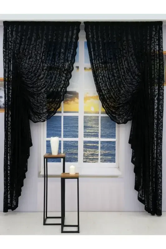 Pleated 2 Panel Tulle Curtain Black-Black - ARTPER PERDENIZ