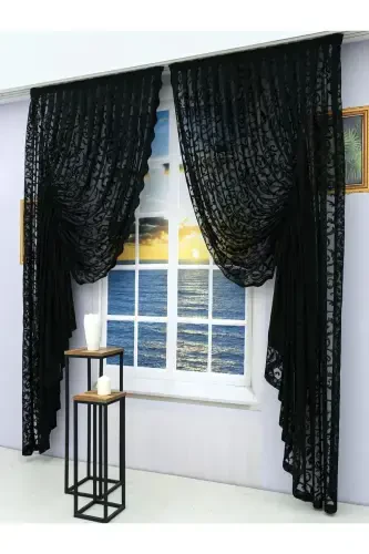 Pleated 2 Panel Tulle Curtain Black-Black - ARTPER PERDENIZ (1)