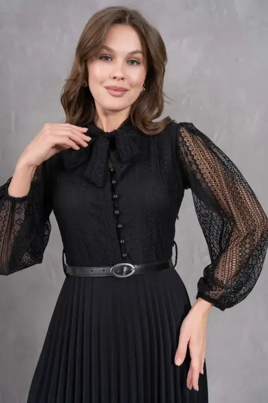Pleated and Belted Detailed Long Sleeve Midi Size Plus Size Black Lace Evening Dress 57834-BLACK LACE - 2