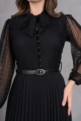 Pleated and Belted Detailed Long Sleeve Midi Size Plus Size Black Lace Evening Dress 57834-BLACK LACE - 4