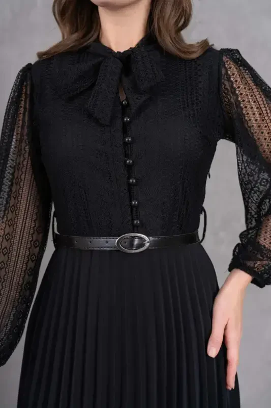 Pleated and Belted Detailed Long Sleeve Midi Size Plus Size Black Lace Evening Dress 57834-BLACK LACE - 4