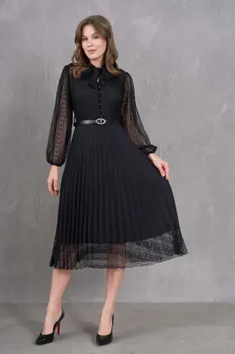 Pleated and Belted Detailed Long Sleeve Midi Size Plus Size Black Lace Evening Dress 57834-BLACK LACE - 5