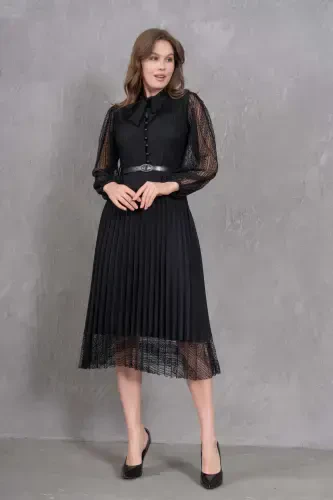 Pleated and Belted Detailed Long Sleeve Midi Size Plus Size Black Lace Evening Dress 57834-BLACK LACE - 6