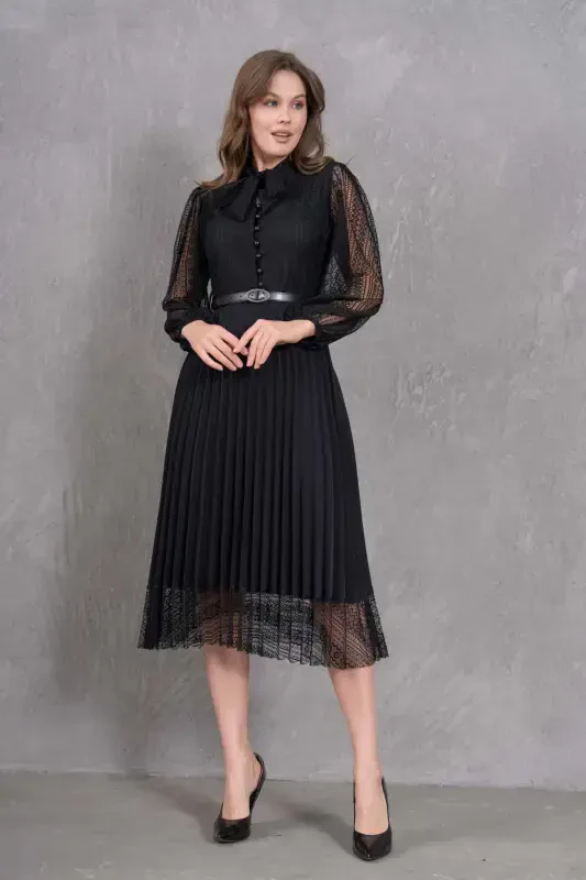 Pleated and Belted Detailed Long Sleeve Midi Size Plus Size Black Lace Evening Dress 57834-BLACK LACE - 6