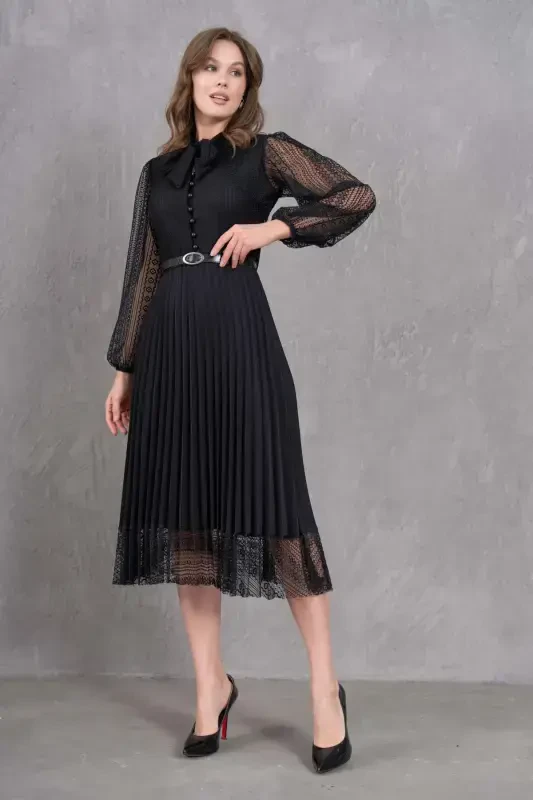 Pleated and Belted Detailed Long Sleeve Midi Size Plus Size Black Lace Evening Dress 57834-BLACK LACE - 8