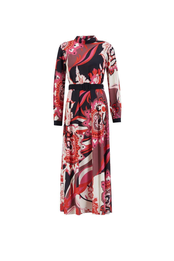 Pleated and Patterned Dress 24k9907 Red - 7