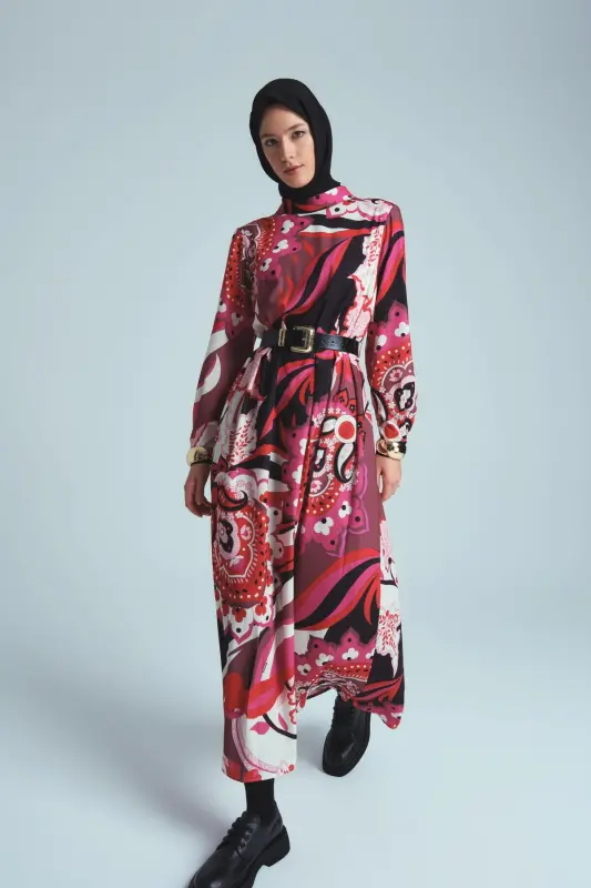 Pleated and Patterned Dress 24k9907 Red - 3