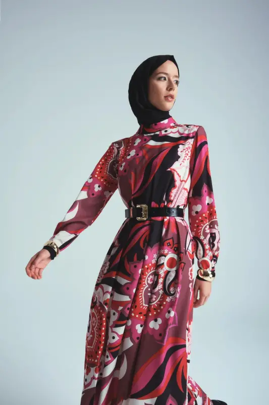 Pleated and Patterned Dress 24k9907 Red - 4