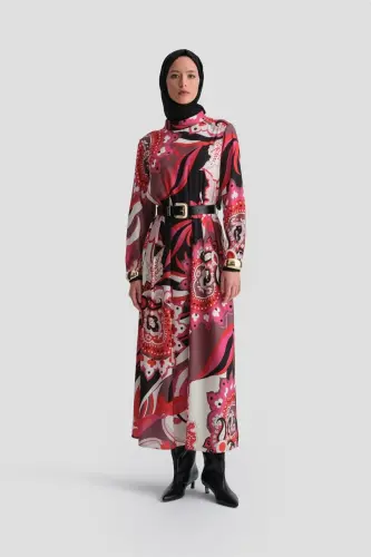 Pleated and Patterned Dress 24k9907 Red - 5