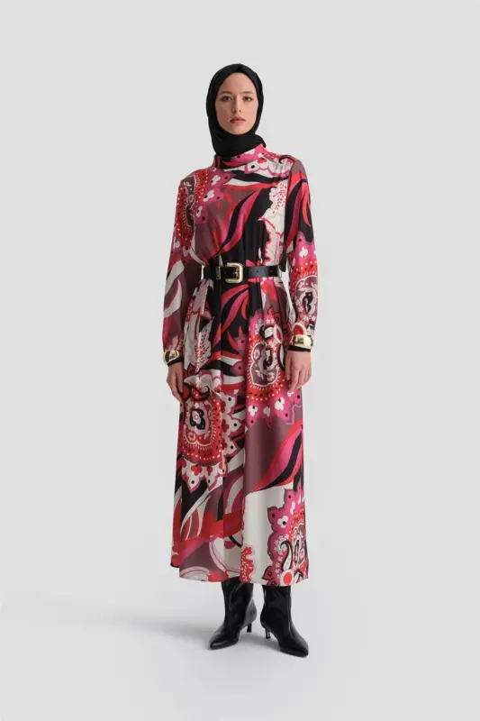 Pleated and Patterned Dress 24k9907 Red - 5