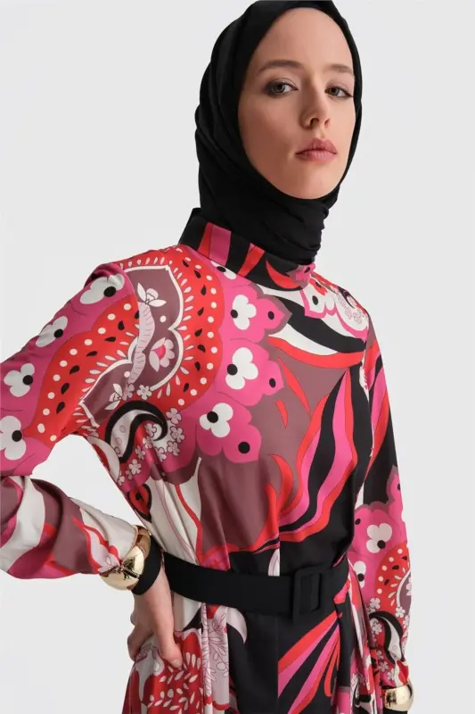 Pleated and Patterned Dress 24k9907 Red - 6