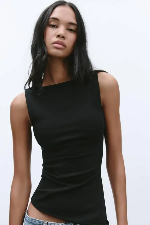 PLEATED ASYMMETRIC T-SHIRT-Black - 2