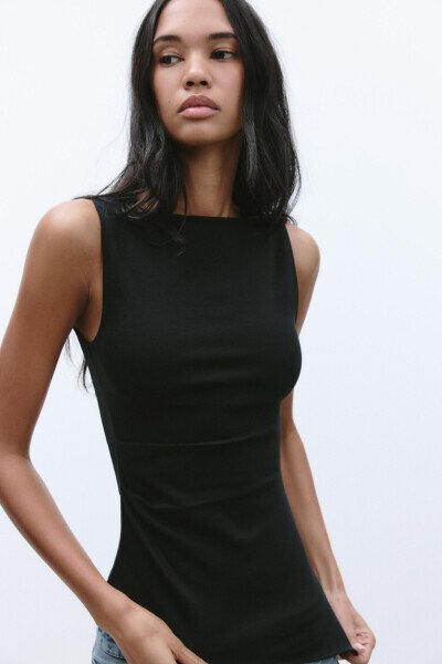 PLEATED ASYMMETRIC T-SHIRT-Black - 3