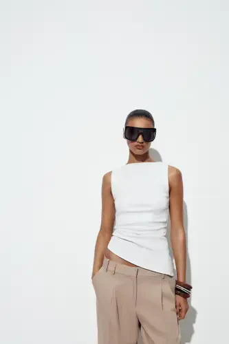 PLEATED ASYMMETRIC T-SHIRT-White - ZARA (1)