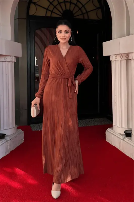 Pleated Belted Dress - BROWN - 1