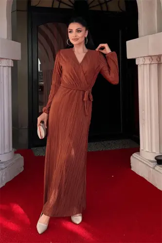 Pleated Belted Dress - BROWN - BÜYÜKBEDENIZ (1)
