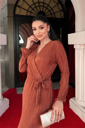 Pleated Belted Dress - BROWN - 4