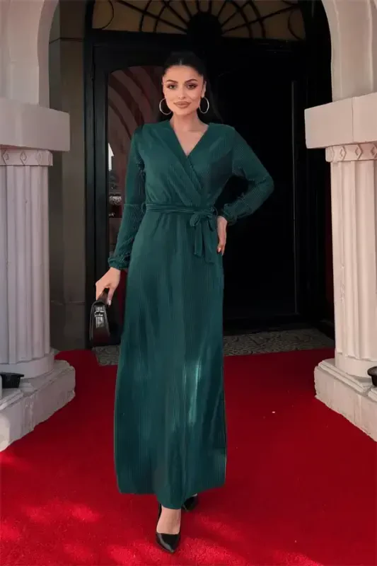 Pleated Belted Dress - EMERALD GREEN - 1