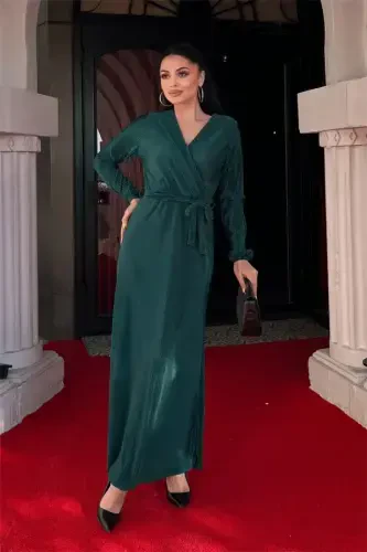 Pleated Belted Dress - EMERALD GREEN - BÜYÜKBEDENIZ (1)