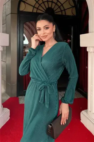 Pleated Belted Dress - EMERALD GREEN - 3