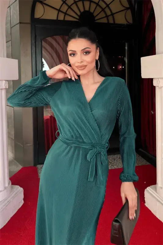Pleated Belted Dress - EMERALD GREEN - 4