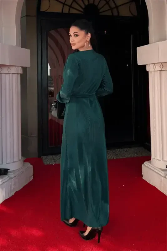 Pleated Belted Dress - EMERALD GREEN - 5