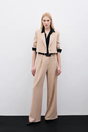 Pleated Crepe Pants - Beige-BEIGE 