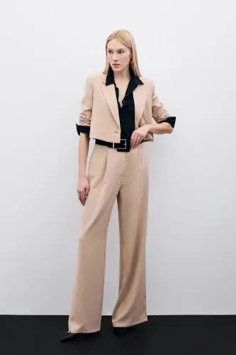 Pleated Crepe Pants - Beige-BEIGE - 2