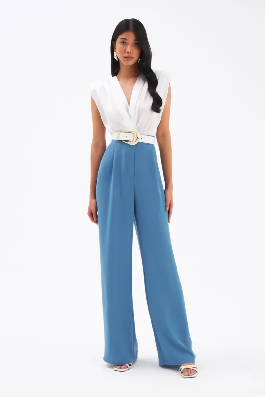 Pleated Crepe Pants - Blue-BLUE - SATEEN