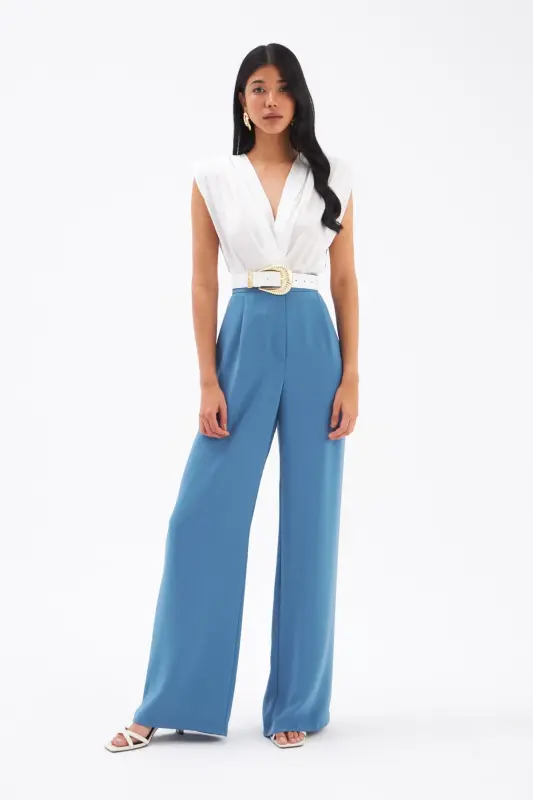 Pleated Crepe Pants - Blue-BLUE - 2