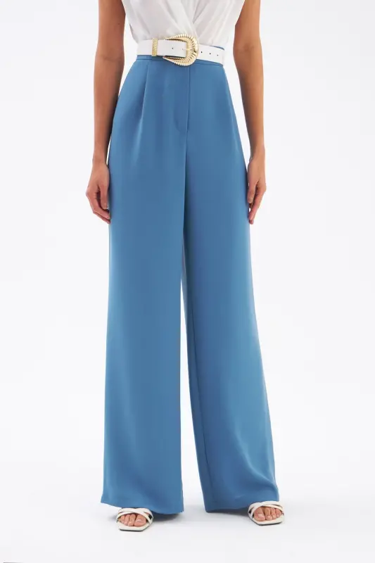 Pleated Crepe Pants - Blue-BLUE - 3