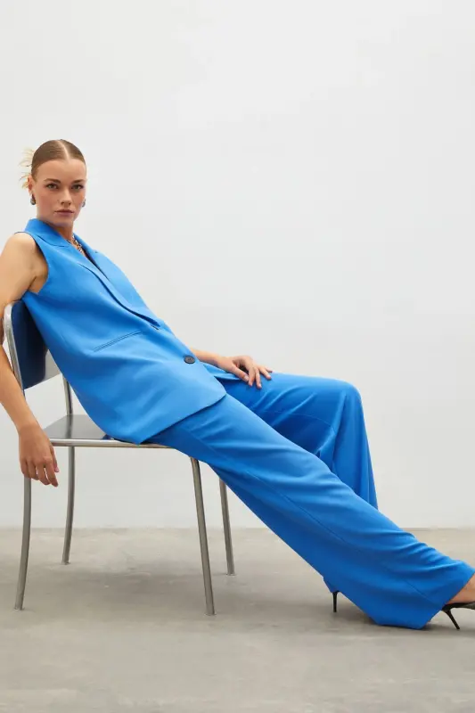 Pleated Crepe Pants - Blue-BLUE - 2