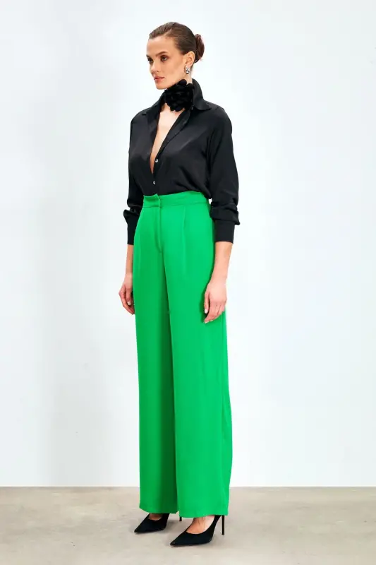 Pleated Crepe Pants - Green-GREEN - SATEEN
