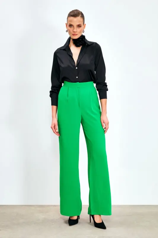 Pleated Crepe Pants - Green-GREEN - 2