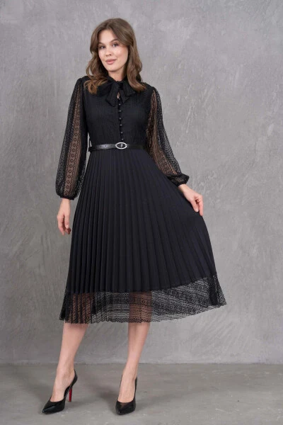 Pleated Detail Belted Design Long Sleeve Black Lace - LOVEBOX
