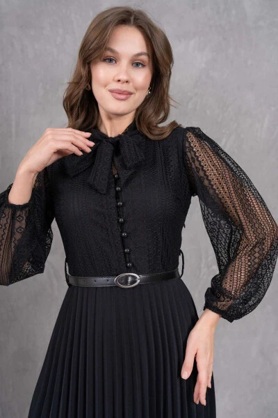 Pleated Detail Belted Design Long Sleeve Black Lace - LOVEBOX (1)