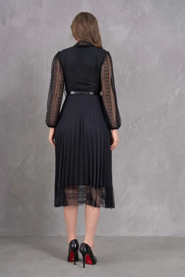 Pleated Detail Belted Design Long Sleeve Black Lace - 3