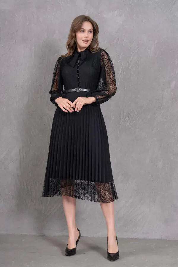 Pleated Detail Belted Design Long Sleeve Black Lace - 5
