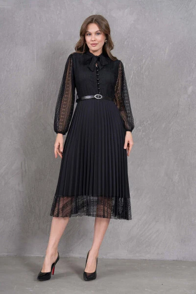 Pleated Detail Belted Design Long Sleeve Black Lace - 6