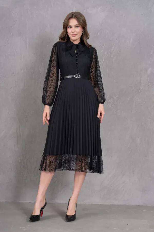 Pleated Detail Belted Design Long Sleeve Black Lace - 6