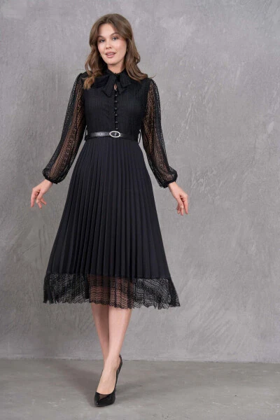 Pleated Detail Belted Design Long Sleeve Black Lace - 8