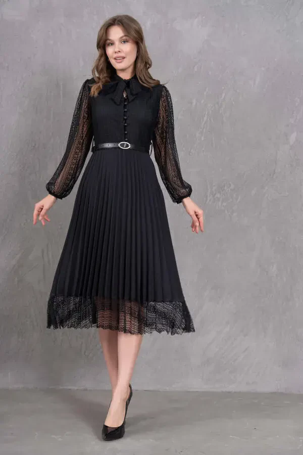 Pleated Detail Belted Design Long Sleeve Black Lace - 8