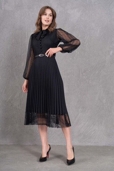 Pleated Detail Belted Design Long Sleeve Black Lace - 7