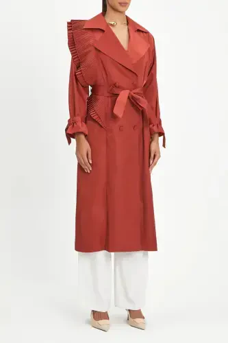 Pleated Detail Long-Belted and Double-Buttoned Stylish Terracotta Trench Coat 40127 - 1